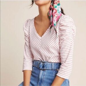 Maeve Anthropologie Puff Ruched 3/4 Sleeves V-Neck Striped Blouse - XS
